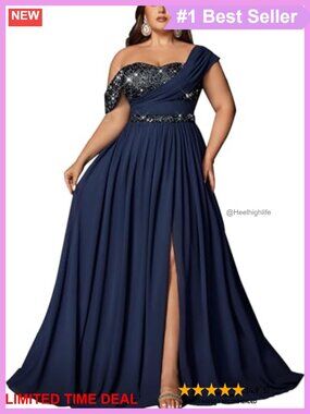 Plus Size Sequin Chiffon One Shoulder Formal Evening Prom Dress
